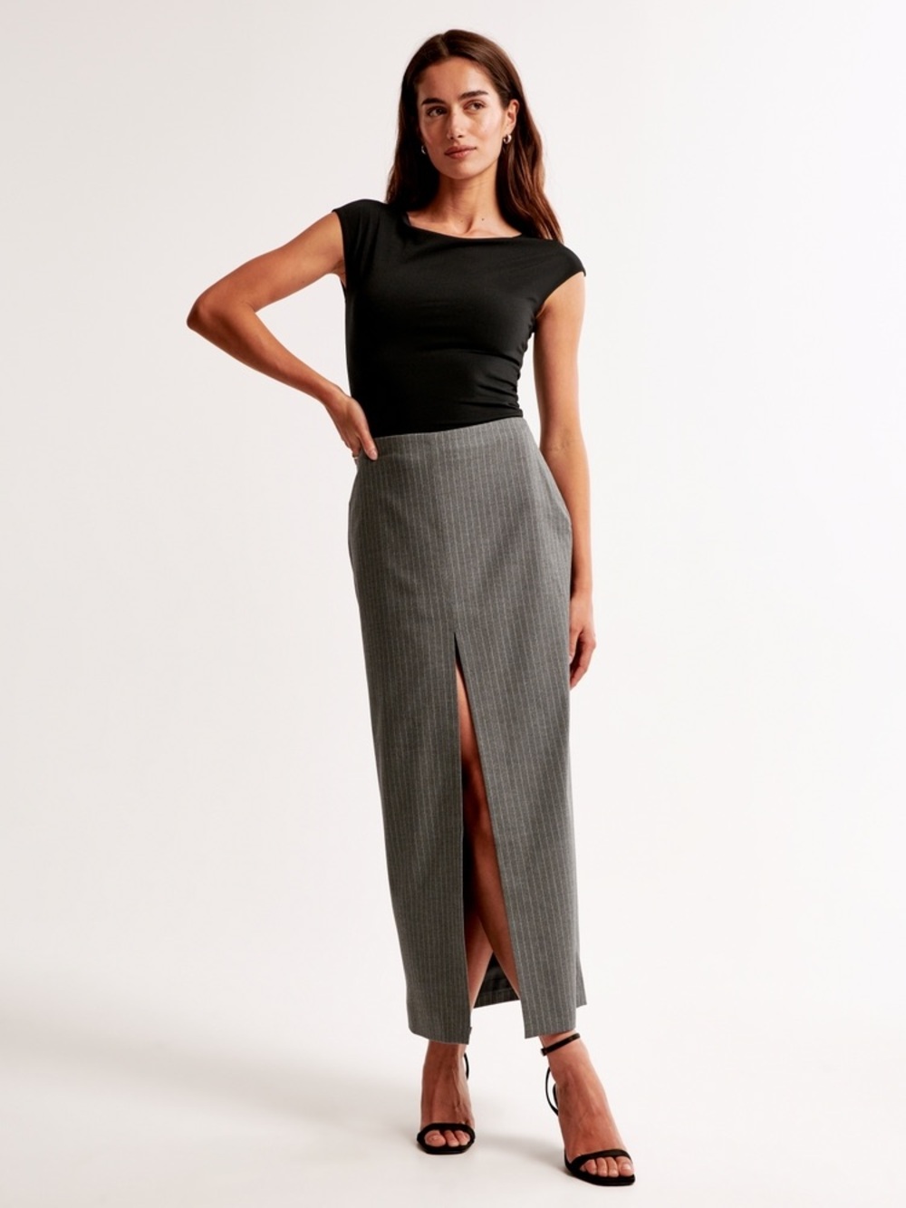 A&F High-Waist Gray Pinstripe maxi Pencil Skirt with Front Slit